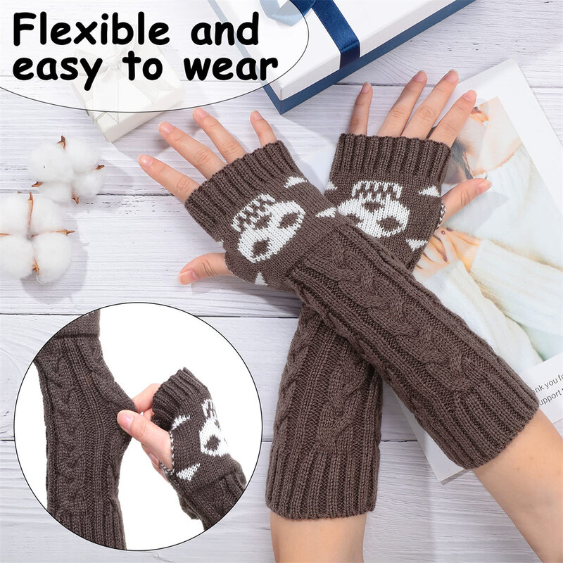 Зимние перчатки, женские готические вязаные перчатки с черепом, мужские Стрейчевые темные перчатки-ниндзя, классные до локтя, хипстерские черные