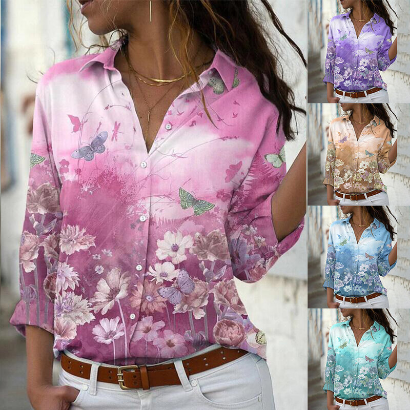 Camisa con estampado de flores para mujer, blusa informal con cuello en V ligeramente elástica, cómoda y elegante para uso diario, primavera y verano