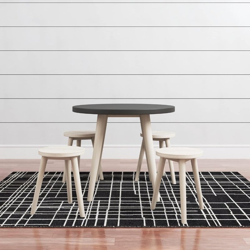 Children's table set, including table and 4 stools, black and natural brown