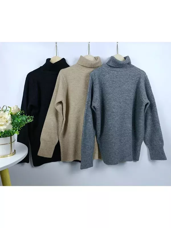 Suéter de cuello alto para mujer, Top de manga larga negro suelto, moda coreana, Color sólido, jerséis casuales simples, Otoño, E305