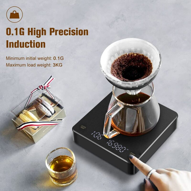 타이머가 있는 디지털 커피 체중계, LED 스크린, 에스프레소 USB, 최대 3kg 무게, 0.1g 고정밀 측정, Oz/ml/g 주방 체중계