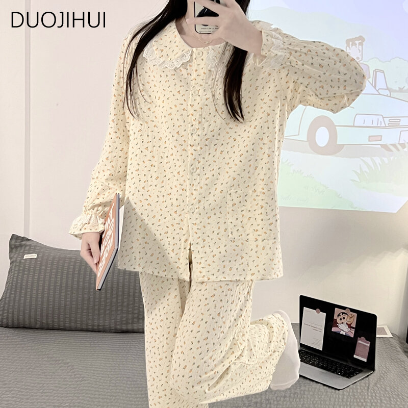 Duojihui-女性のパジャマセット、印刷された長袖のゆったりとしたカジュアルなパジャマ、シンプルなパンツ、家庭、春、新しい
