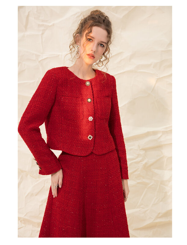 Primavera e outono novas senhoras vermelhas temperamento curto em torno do pescoço mangas compridas fino ajuste e fino tweed casaco moda feminina all-match