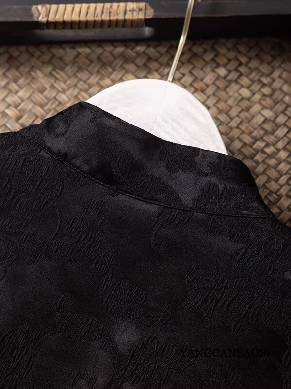Camisa de manga larga para mujer, camisa de oficina de seda de morera 2024 Natural, flor en relieve negra, 51.8%, 48.2%