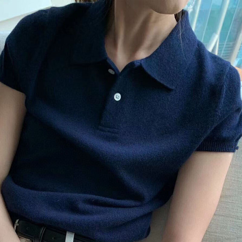 Knitted polo shirt embroidered short sleeved women's lapel T-shirt casual slim fit top