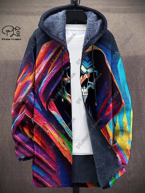 Куртка на молнии с капюшоном унисекс, теплая зимняя куртка из композитного серого бархата с разноцветным 3D-принтом черепа, K4