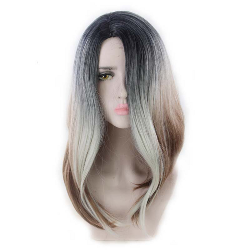 Natural Long Wavy Synthetic Heat Wig Resistant Ombre Silver Wigs Hair Girls Cosplay Party Costume