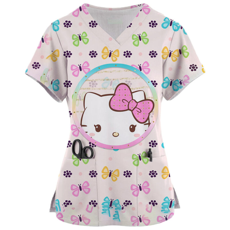 Женские летние футболки с карманами, топы, униформа медсестры Hello Kitty, женская одежда с V-образным вырезом, футболка для больницы, топ, женские футболки 2024