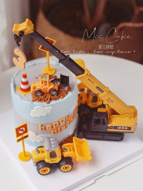 Grue rouge en filet, décoration de gâteau, grue, pelle, bulldozer, voiture d'ingénierie, plug-in d'anniversaire pour enfants