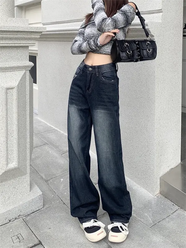 Jeans jeans azul escuro folgado feminino, calça de vaqueiro vintage, calça estética anos 90, streetwear Harajuku, Y2k, anos 2000, roupa suja, 2024
