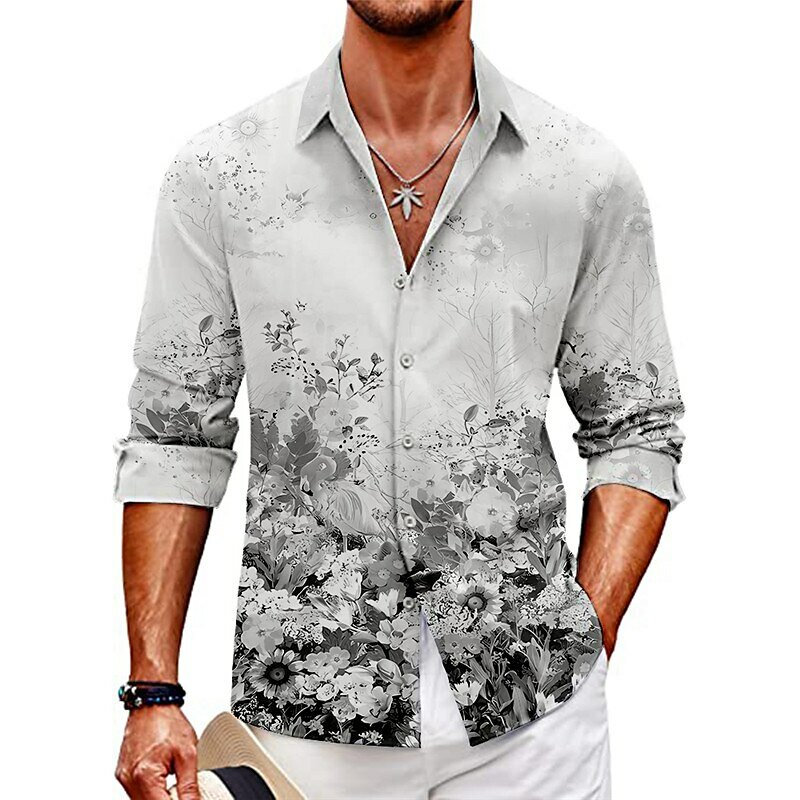 Рубашка мужская с цветочным принтом, уличная одежда с манжетами и длинными рукавами, модная уличная дизайнерская повседневная одежда