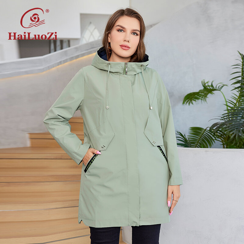 HaiLuoZi-Trench coat feminino de dupla camada com zíper, casaco meio longo, Parkas à prova de vento, roupas femininas elegantes, plus size, alta qualidade, 735, novo
