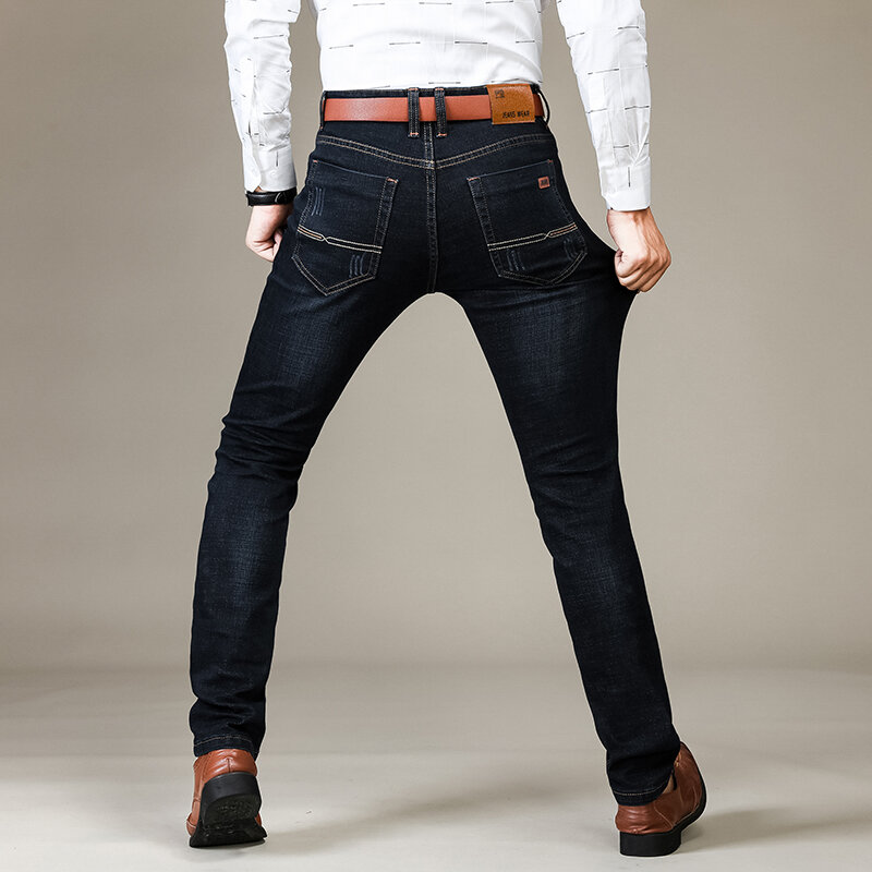 Homens de negócios Jeans Casual Straight Stretch Moda Clássico Azul Preto Trabalho Denim Calças Masculinas Marca Vestuário