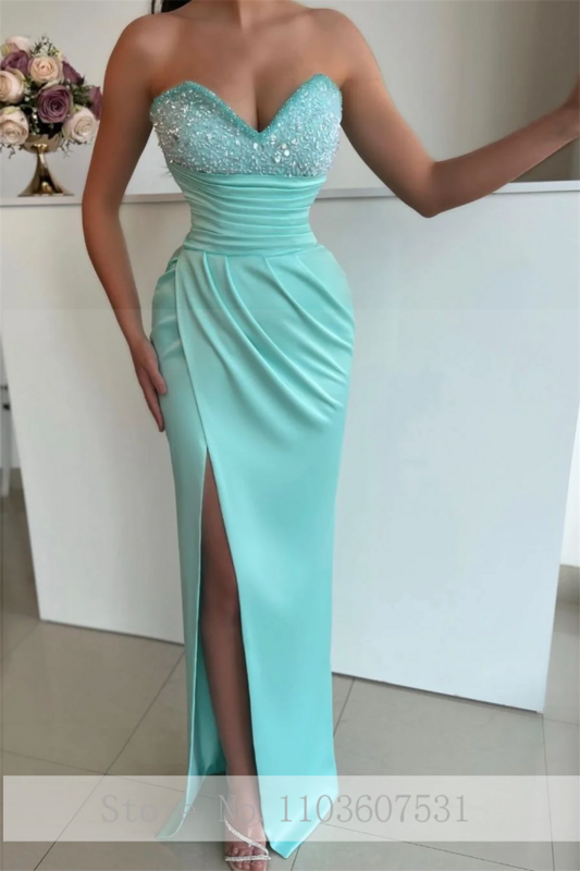 Off the Shoulder Satin Beaded Strapless Prom Dress for Women Sexy Mermaid Side Split Court Prom Evening Gown robe de mariée