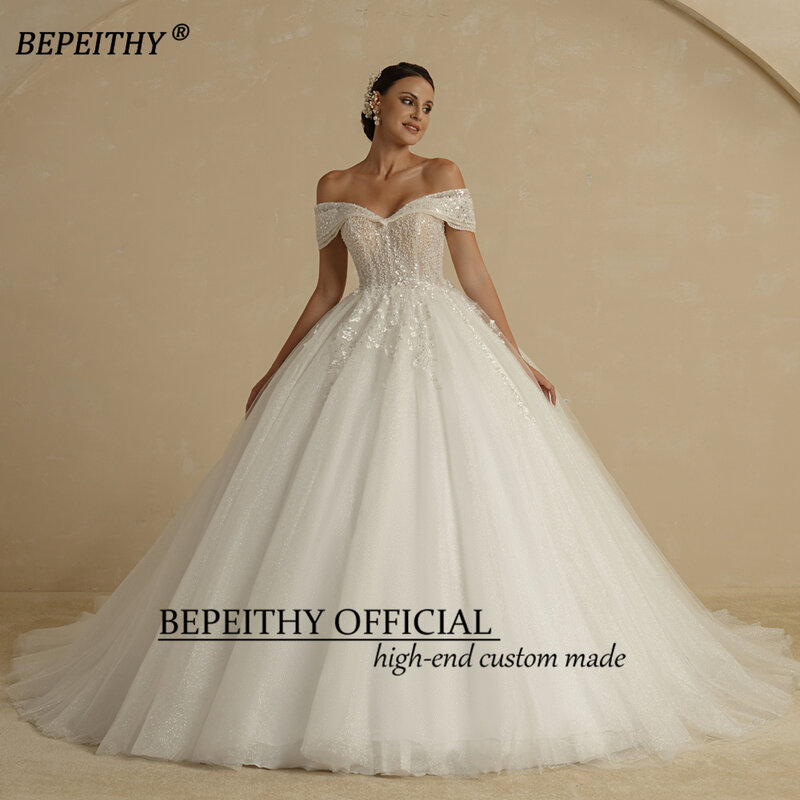 BEPEITHY 오프 숄더 민소매 신부 웨딩 드레스, 아이보리 비즈 공주 2022, 반짝이 볼, 신부 가운, 여성 가운