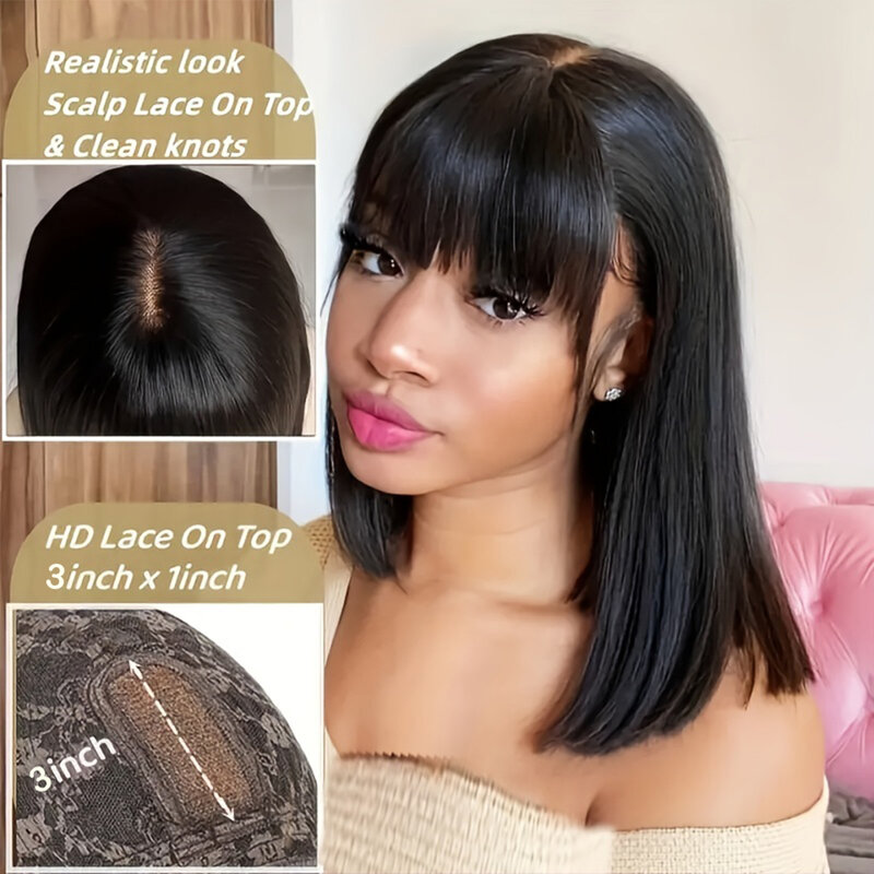 Peruca de cabelo humano reta brasileira com franja, máquina cheia feita perucas, renda 3x1 na venda, 100% Glueless, HD