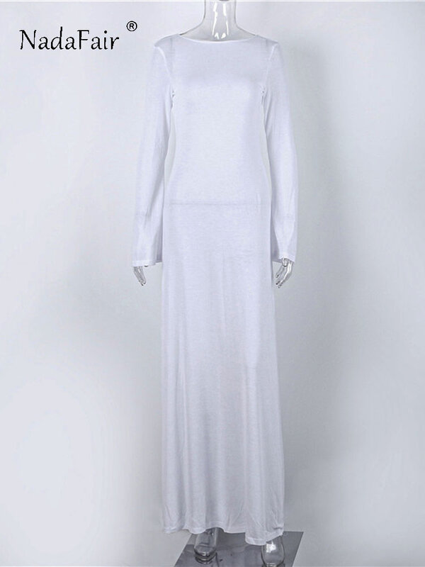 Nadafair-Vestido largo de malla blanco para mujer, prenda elegante con espalda descubierta, transparente, Sexy, de manga larga, para primavera y otoño, 2023