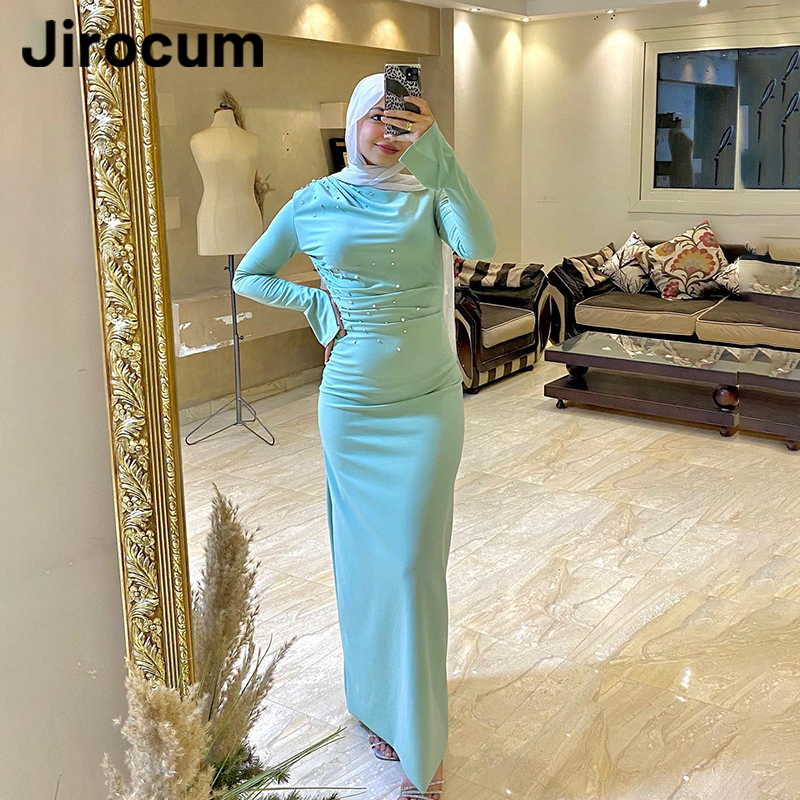 Jirocum-Vestido de baile de sereia muçulmana feminino, vestido de noite manga comprida, gola redonda, vestidos cetim tornozelo, novos vestidos para ocasiões formais, 2024