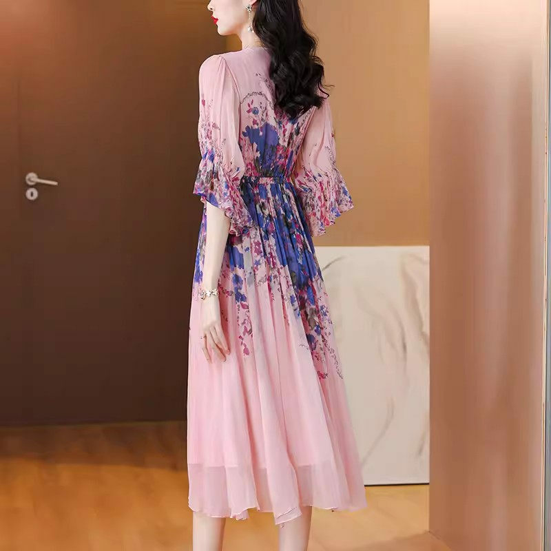 Mamas elegantes High-End-Kleid für den Sommer neues modisches Temperament Retro-bedrucktes Lang kleid Kurzarm Vestidos K353