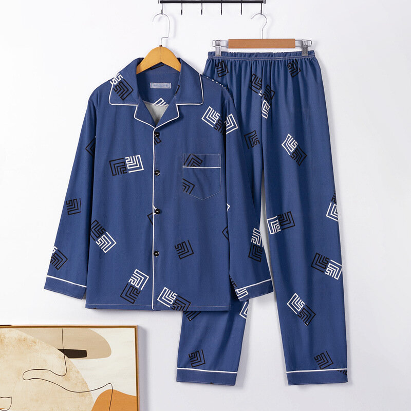 Conjunto de pijama estampado coreano masculino, pijamas de manga comprida, calças compridas, loungewear solto, 2 peças, primavera, outono