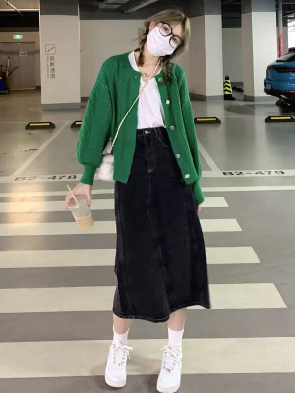 Deeptown-cárdigan recortado verde Vintage para mujer, suéter de punto de gran tamaño Harajuku, Tops casuales coreanos de manga larga, ropa de calle de los 90