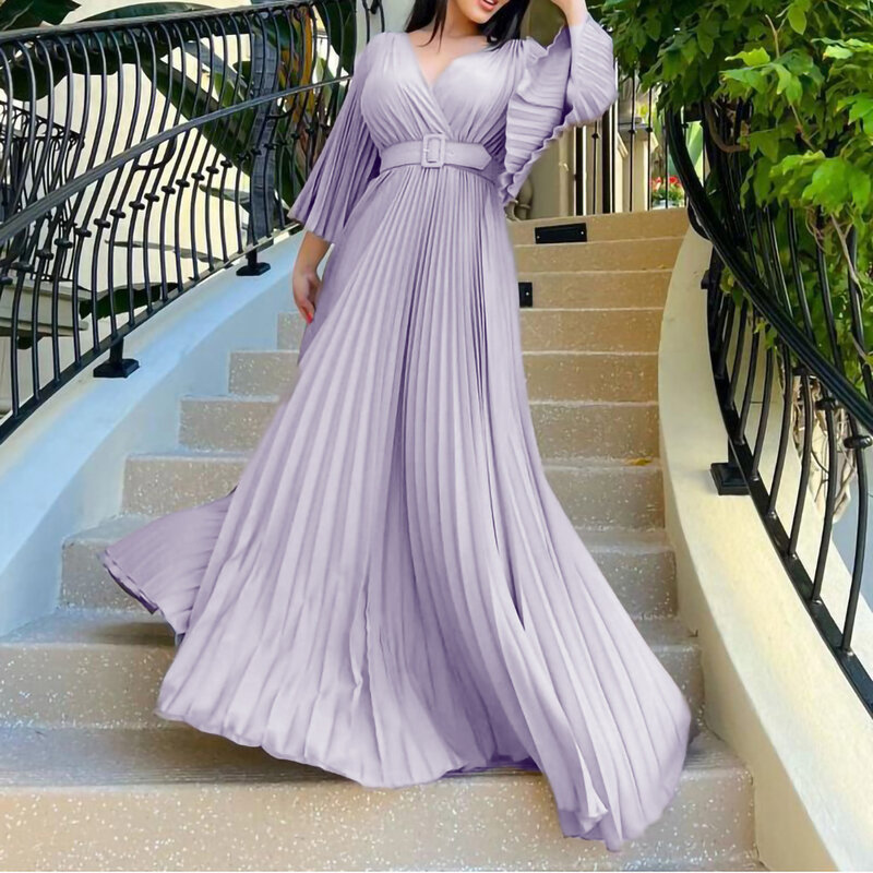 Luxury Pleated Dresses for Women V Neck Belt Waisted Flare Sleeve Floor Length Elegant Birthday Party Dinner Vestidos Mujer Robe