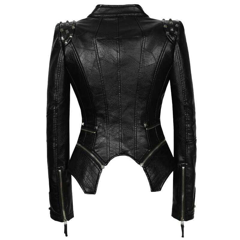 Veste en similicuir PU pour femme, manteau de motard de moto, clous, rivet à revers serpentin, streetwear mince, noir, punk, automne, nouveau