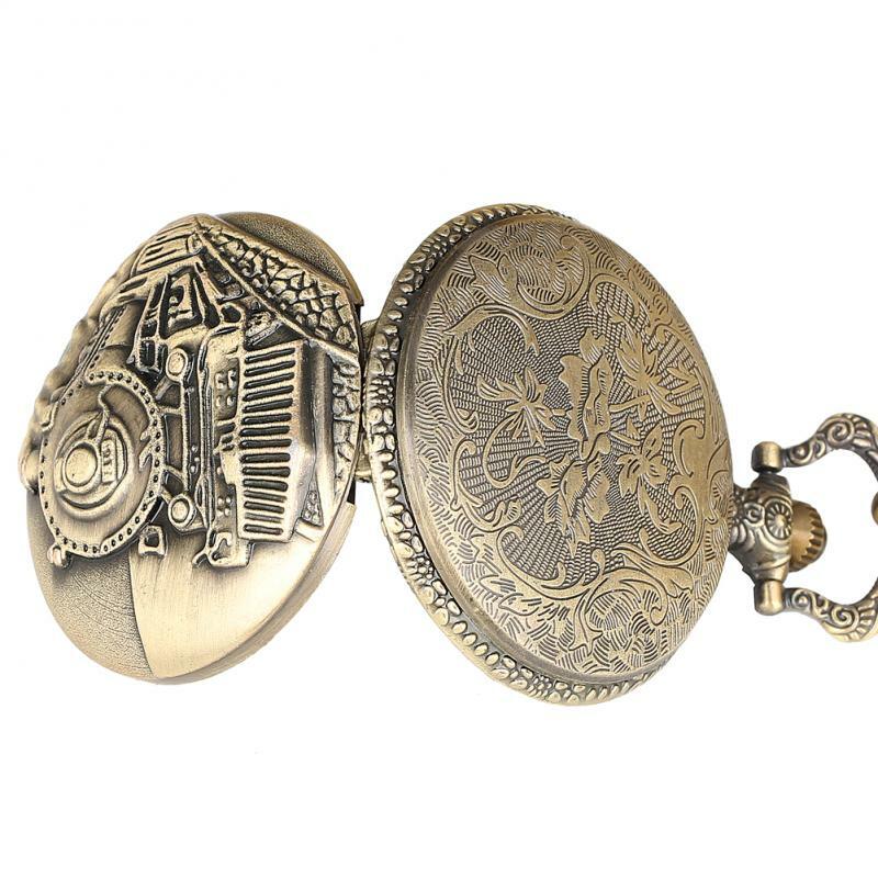 Reloj de cadena de bronce para hombre, diseño de motor de locomotora de tren antiguo, bonito collar colgante, reloj de bolsillo