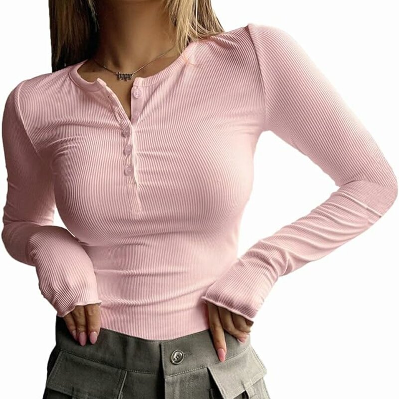 Damen Stretch Tops Bluse Knopf V-Ausschnitt Slim Fit Langarm T-Shirt lässig T-Shirt für Frauen