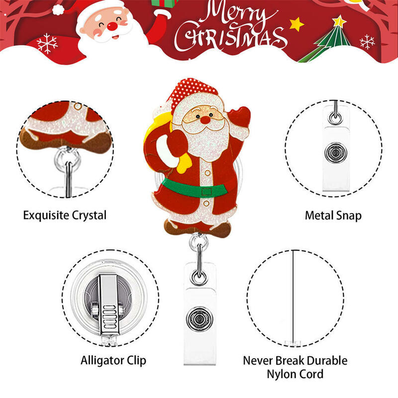 Retrátil Glitter Santa Badge Reel Clip, titular de cartão de identificação elástico, enfermeira, 5 estilos, estilo Natal, novo, 2023