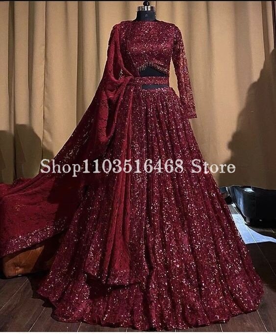 Gillter Indian Wedding Dress (with veil cover) Luxurious Rose Lace Appliqué Inlaid Sequins Long Sleeve Two Piece Wedding Dress