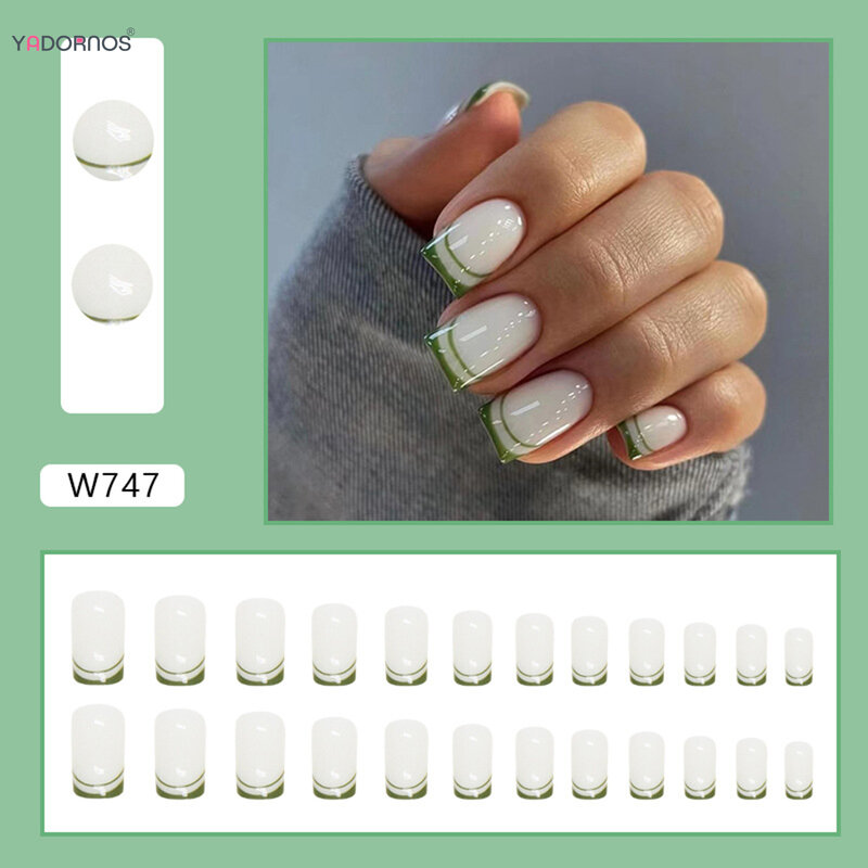 Short Square Press on Nails White Wearable Fake Nails Green French Style False Nails Tips DIY Manicure for Women and Girls