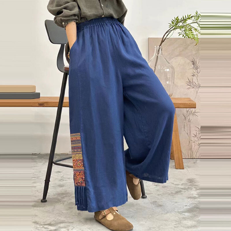 Female Clothing Folk Embroidery Pants Vintage Wide Leg Summer High Waist Elastic Loose Stylish Spliced Straight Cropped Pants