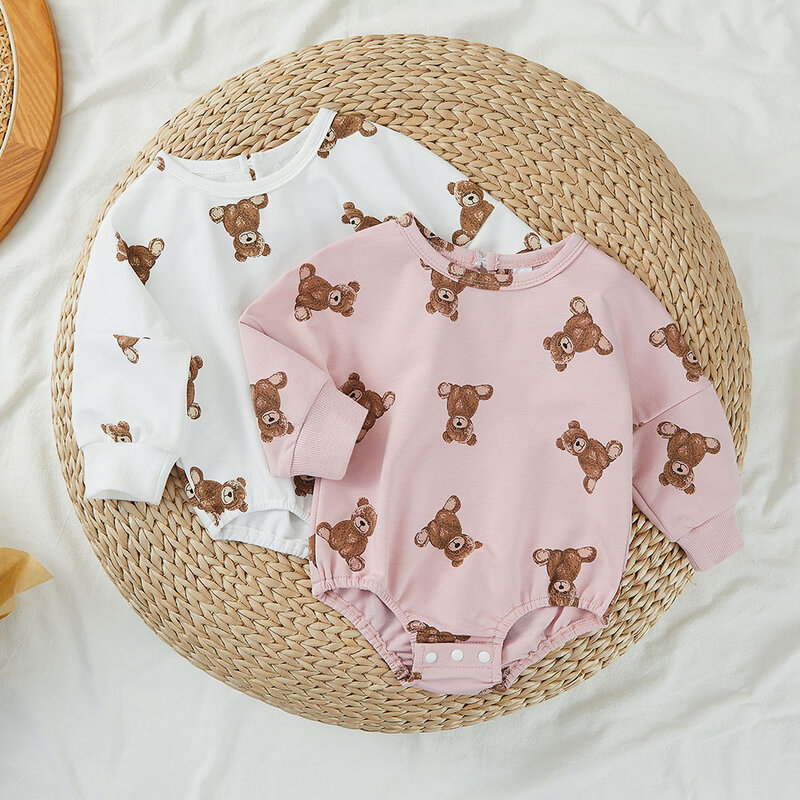 Txlixc bebê dos desenhos animados urso impressão macacão menina menino outono roupas em torno do pescoço manga longa solto ajuste macacão rosa/branco