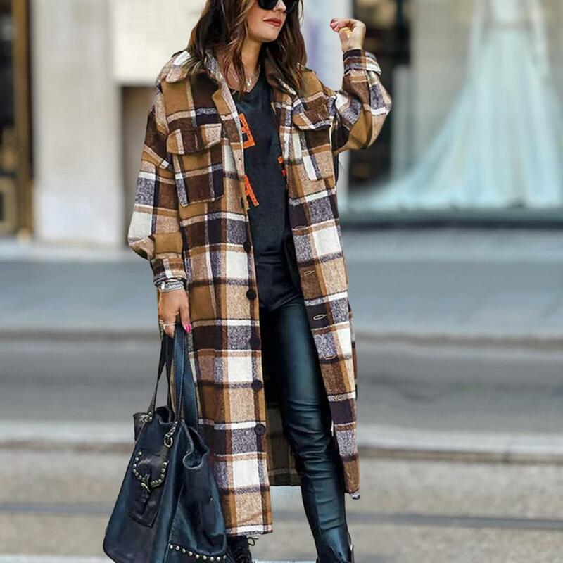 Palid Print Jacke Damen jacke mit Plaid-Print und mittellangen Einreiher-Taschen mit Revers für Polyester-Spandex im Wärme stil