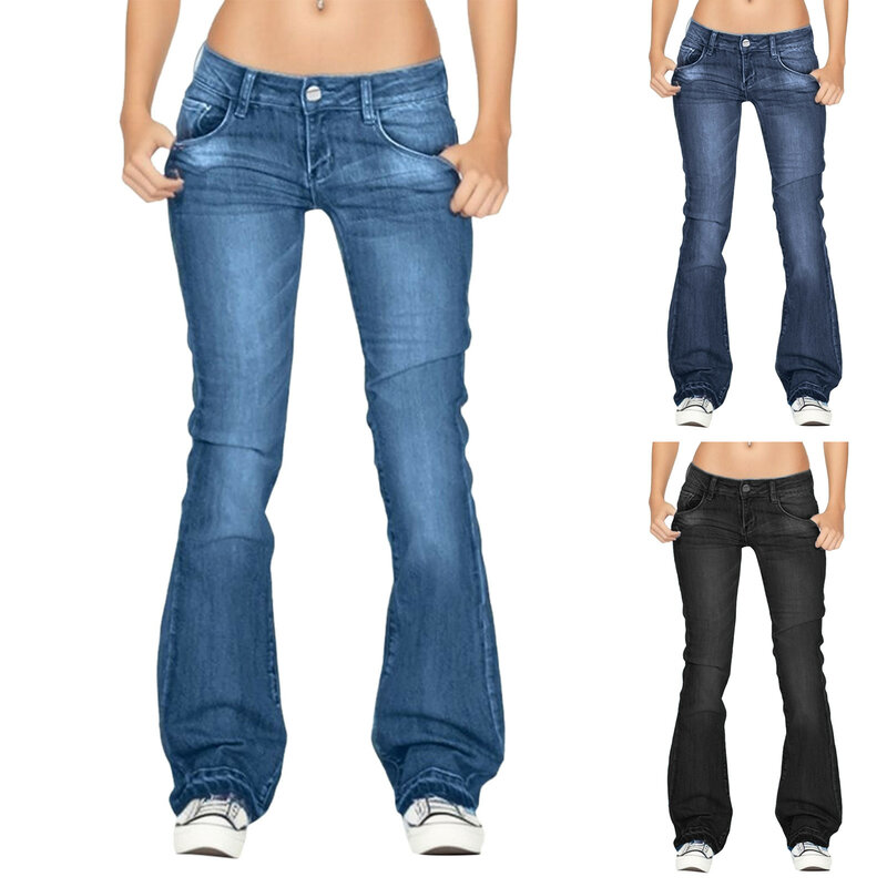 Jean celana kargo untuk wanita jins pinggang melar Jeans wanita Jeans rumbai Mid Jeans celana panjang ramping wanita Denizen Jean wanita