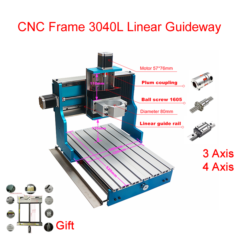 CNC 3040L Linear Guideway Quadro para DIY Gravura e Perfuração, Fresadora, 3 Eixos, 4 Eixos