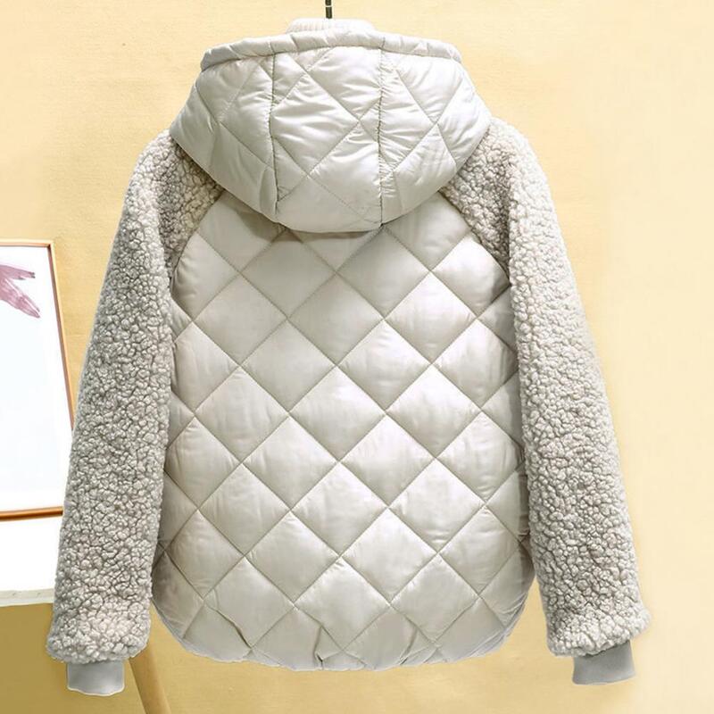 Casaco de algodão com capuz feminino, forro luxuoso, manga comprida, jaqueta retalhos com bolsos, resistente ao frio, inverno