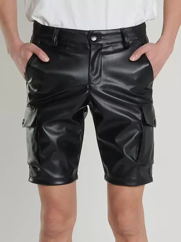 Męskie szorty motocyklowe ze sztucznej skóry Rozciągliwe spodnie PU Cargo z kieszenią Casual Fit Proste gorące spodnie Clubwear Custom New