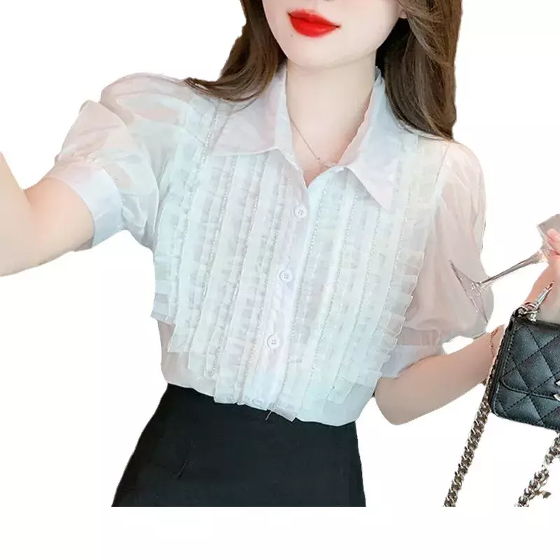 Camisa de manga curta feminina de chiffon, blusa feminina versátil casual francesa, cor sólida minimalista, verão, nova