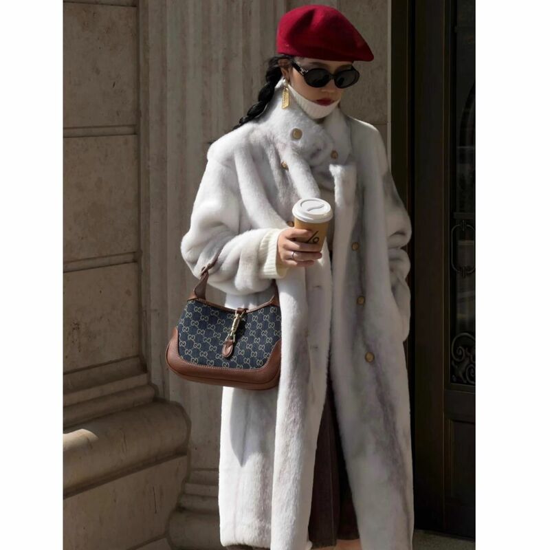 Женское модное плотное теплое пальто средней длины на осень и зиму, однотонное высококачественное пальто из искусственного лисьего меха, женские куртки C135