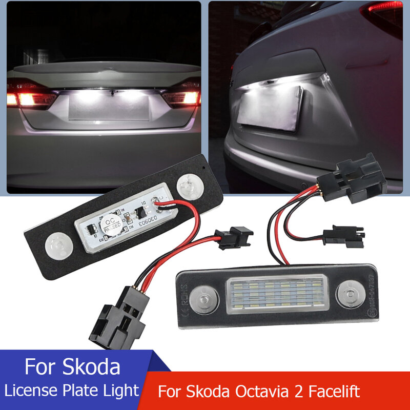 Luz de matrícula do carro, Lâmpada LED, Autopeças, Branco, 6500K, Skoda Octavia 2 Facelift, 2pcs