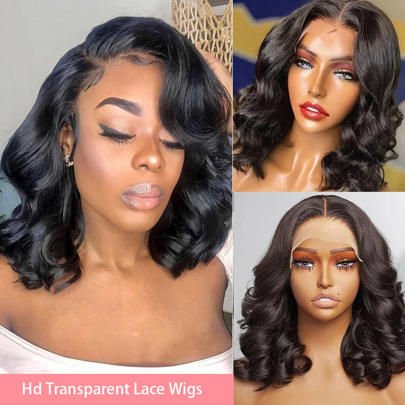 Body Wave Lace Front Short Bob Wig Transparent 13x4 Human Hair Wigs 200 Density Brazilian Remy Water Wave Closure For Women
