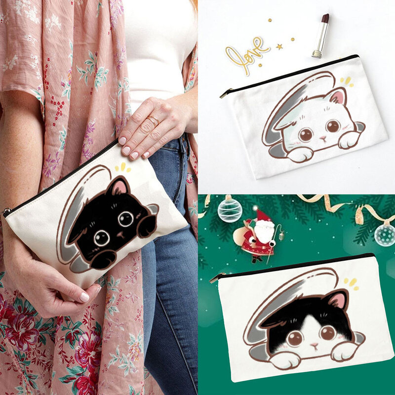 Fashion tas penyimpanan perlengkapan mandi wanita, tas Makeup wanita, tas kosmetik motif dua sisi kucing, kotak pensil uniseks portabel