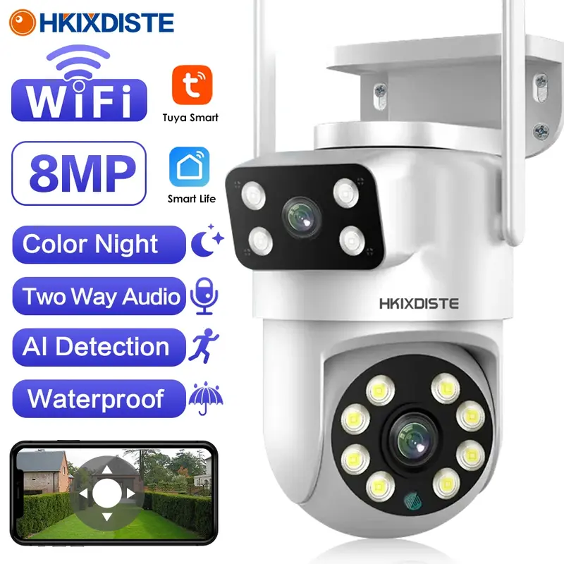 Câmera IP de Vigilância CCTV ao ar livre, vida inteligente, lente dupla, PTZ, WiFi, tela dupla, rastreamento AI, rastreamento automático, 4MP, 8MP, 4MP