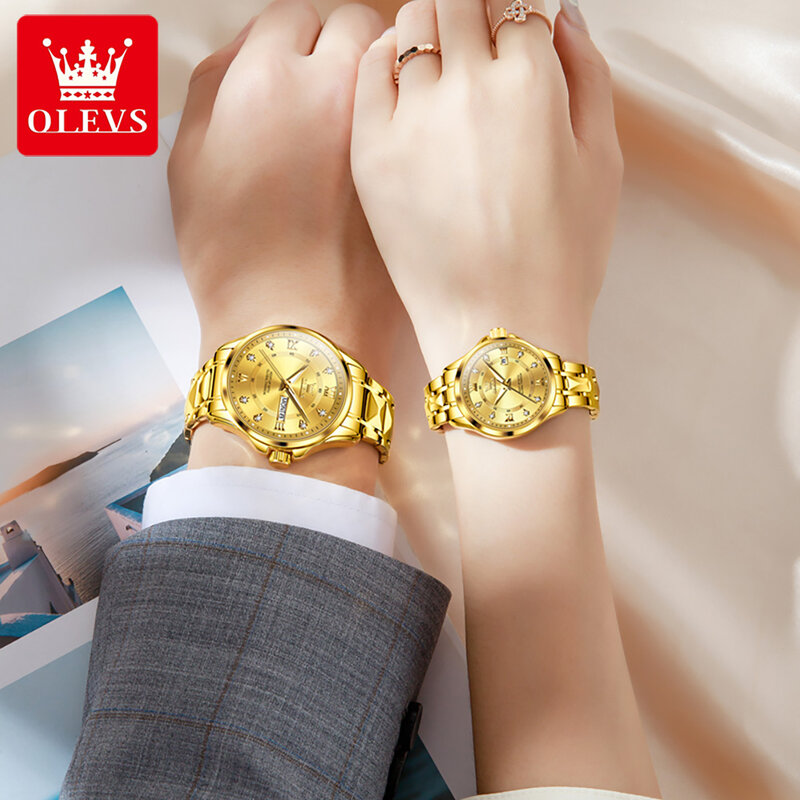 OLEVS-Montre à quartz étanche en acier inoxydable doré pour hommes et femmes, marque de luxe originale, calendrier des touristes, couple