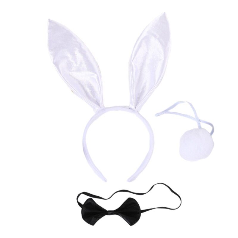 Conjunto faixa cabelo com orelha coelho + cauda + gravata borboleta para adultos, suprimentos para performances 3