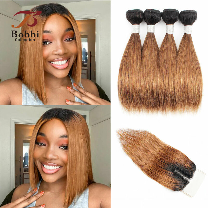 50g/pc 4 Bundles with Closure Transparent 4x1 T Lace Middle Part Ombre Ginger Blonde Straight Remy Human Hair Short Bob Style