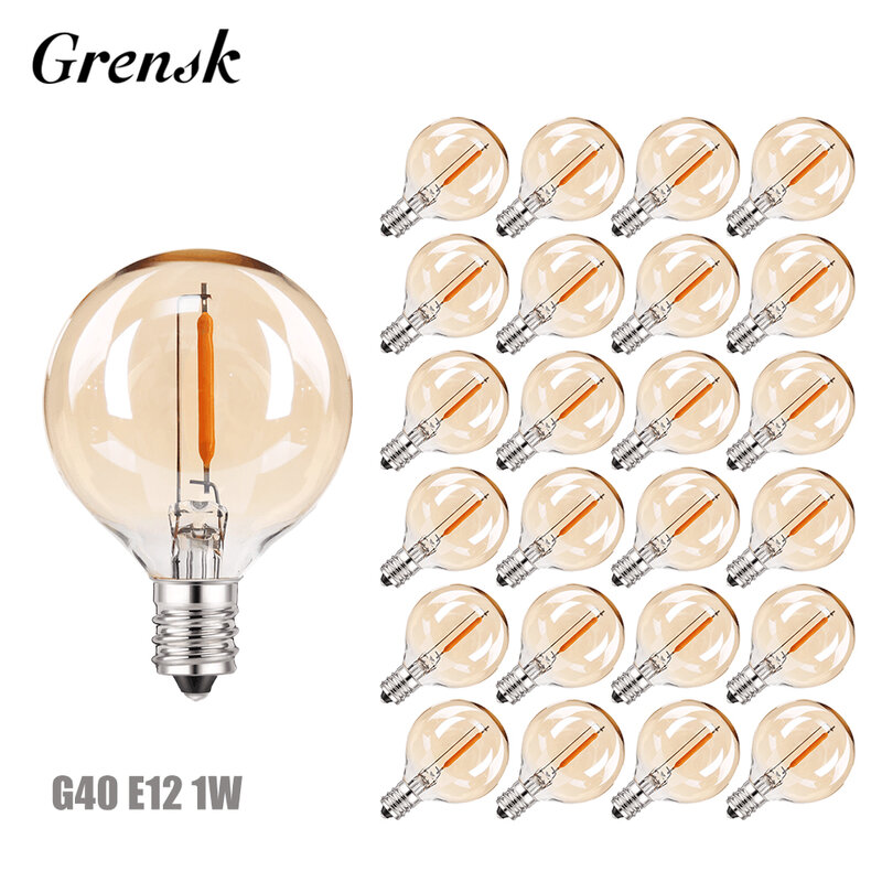 Ampoules LED de rechange G40, 220V, 1W, 25 pièces, globe ambre compatible avec E12 ou C7 ci-après, douille à vis pour fil de lumière