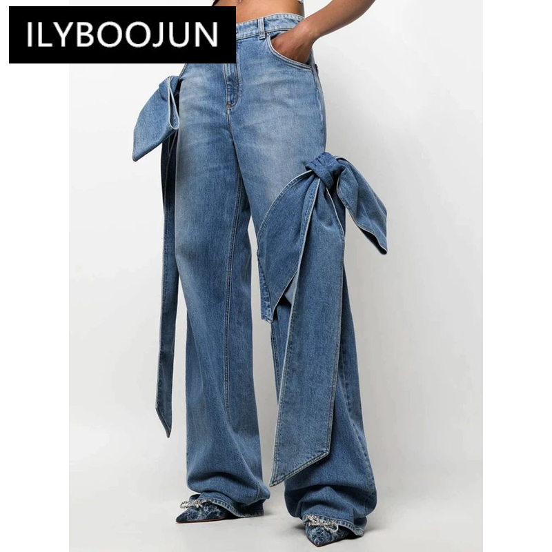 Dżinsy z kokardką dla kobiet z wysokim stanem patchworkowe kieszenie w stylu Streetwear proste spodnie damskie modna odzież